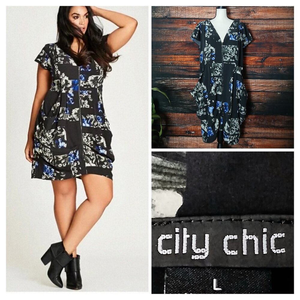 City Chic Dress Plus Size 20 L Zip Front Draped Hip Pockets Black Floral